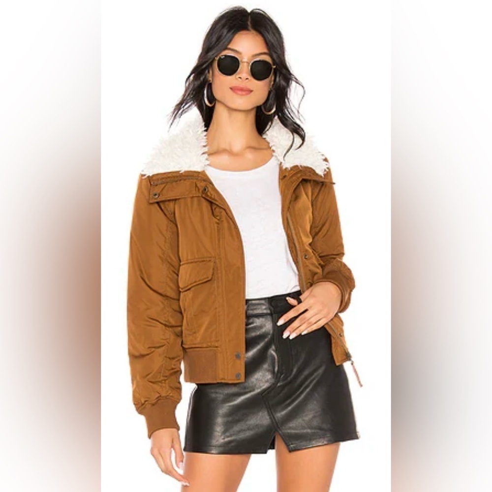 Sanctuary Women’s Aviator Flight Jacket With Faux Fur Collar in Caramel Sz L